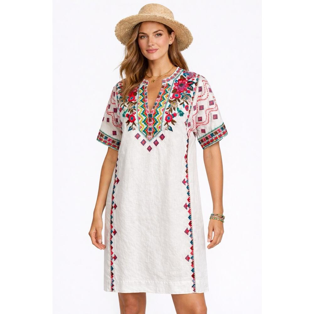 Johnny Was Embroidered Linen Tunic Dress Size Small Boho Whimsical Floral White